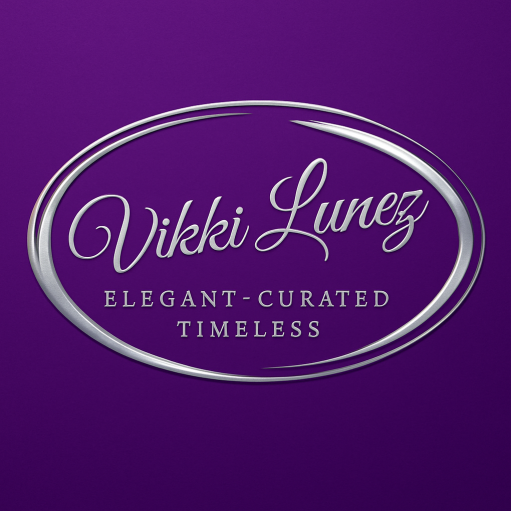 Vikki Lunez logo in metallic silver and royal purple with tagline Elegant Curated Timeless