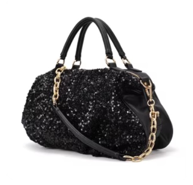 Vikki Lunez artisan black sequin evening satchel with PU leather trim and gold hardware, handcrafted style in Singapore.